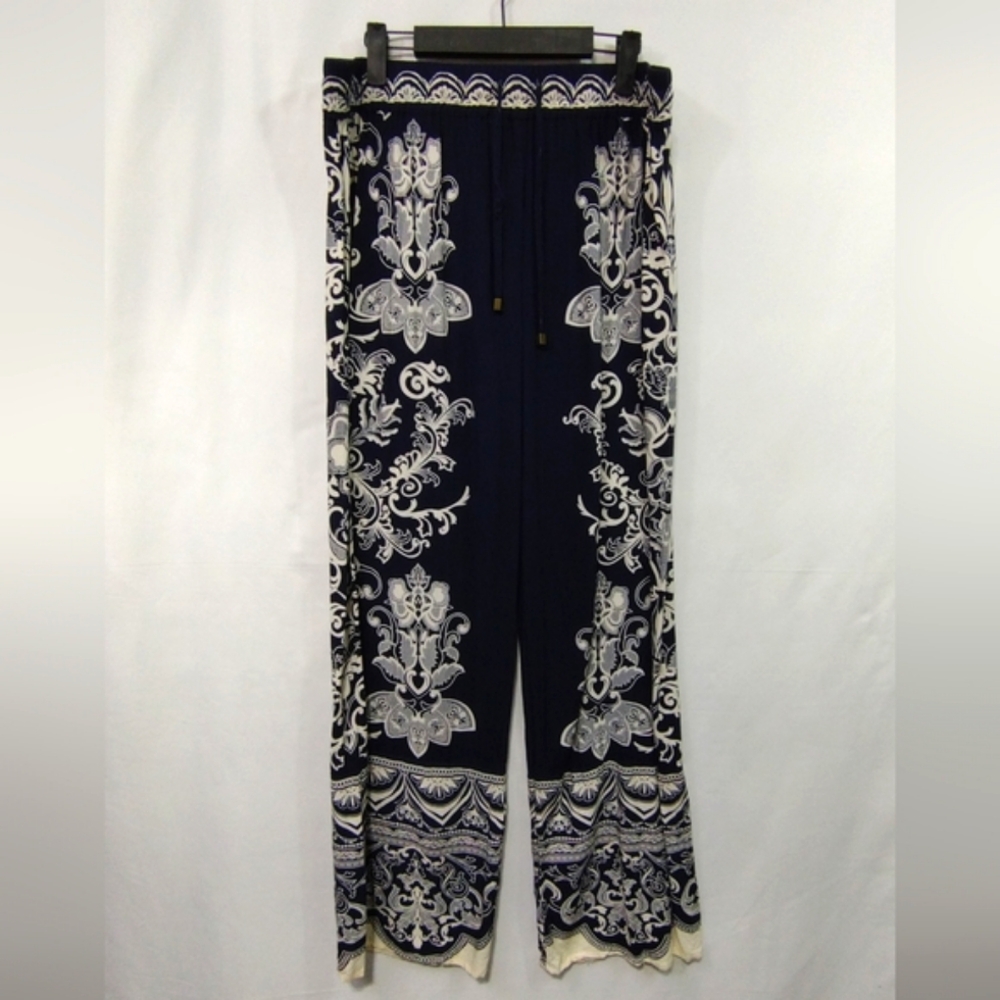 Cynthia Rowley Floral Wide Leg Pants Womens XL Black White Boho Retro 90s Y2K